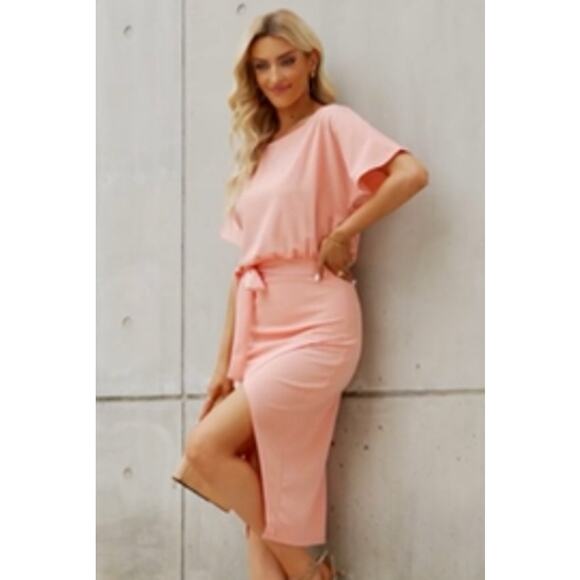 Womens Peach Belted Midi Dress Short Sleeve Office Cocktail Summer Party Dress S - Picture 1 of 14
